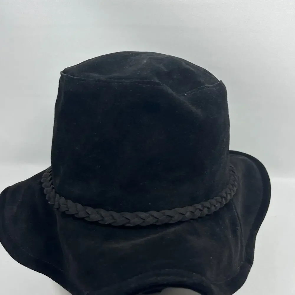FREE PEOPLE Hat OS Tennessee Suede Leather Floppy Bucket Cap Braided Band Black